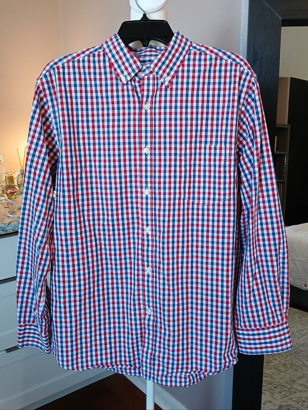 100% Cotton Patriotic Plaid Shirt Button Down Long Sleeve Red White & Blue
